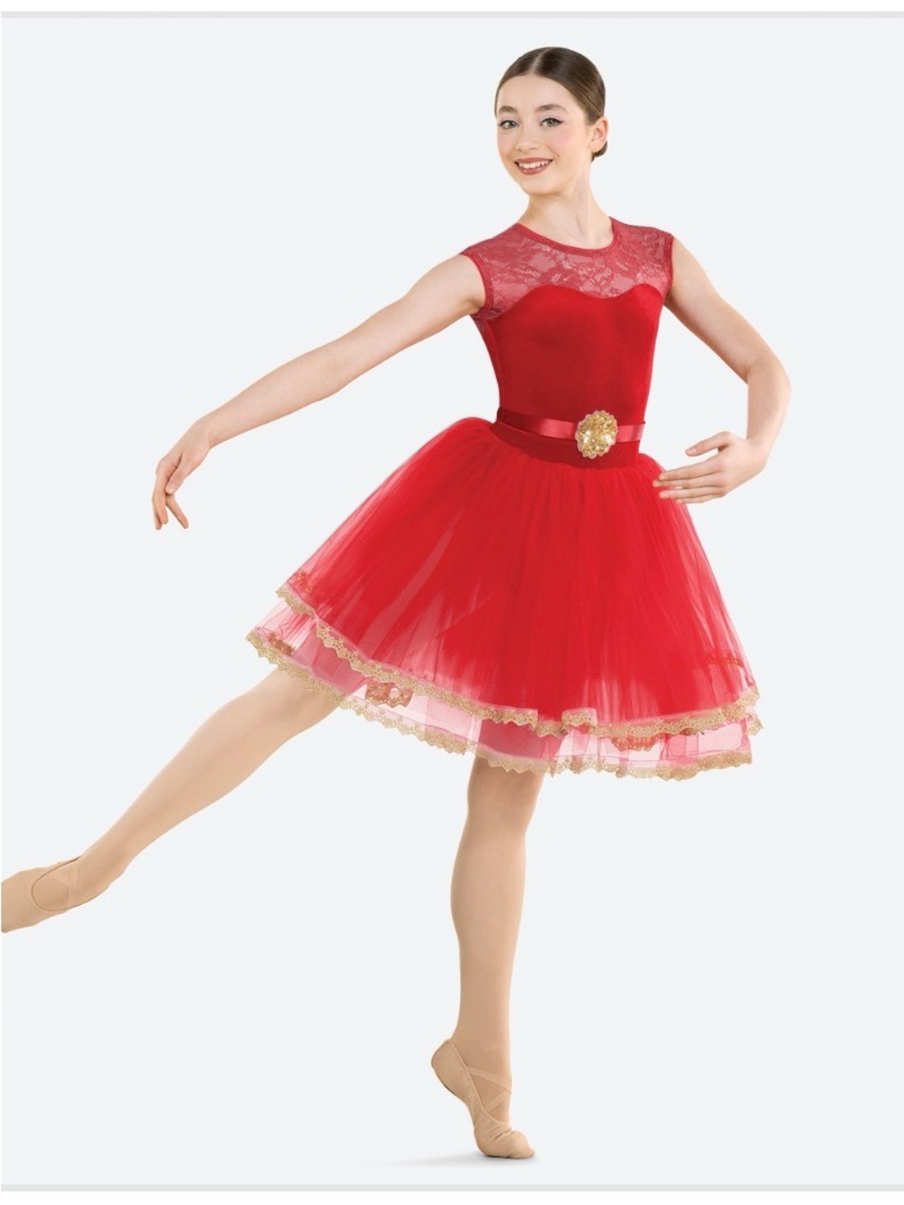 Revolution Dance Red Lace Bodice Ballet Tutu Costume with Gold Trim